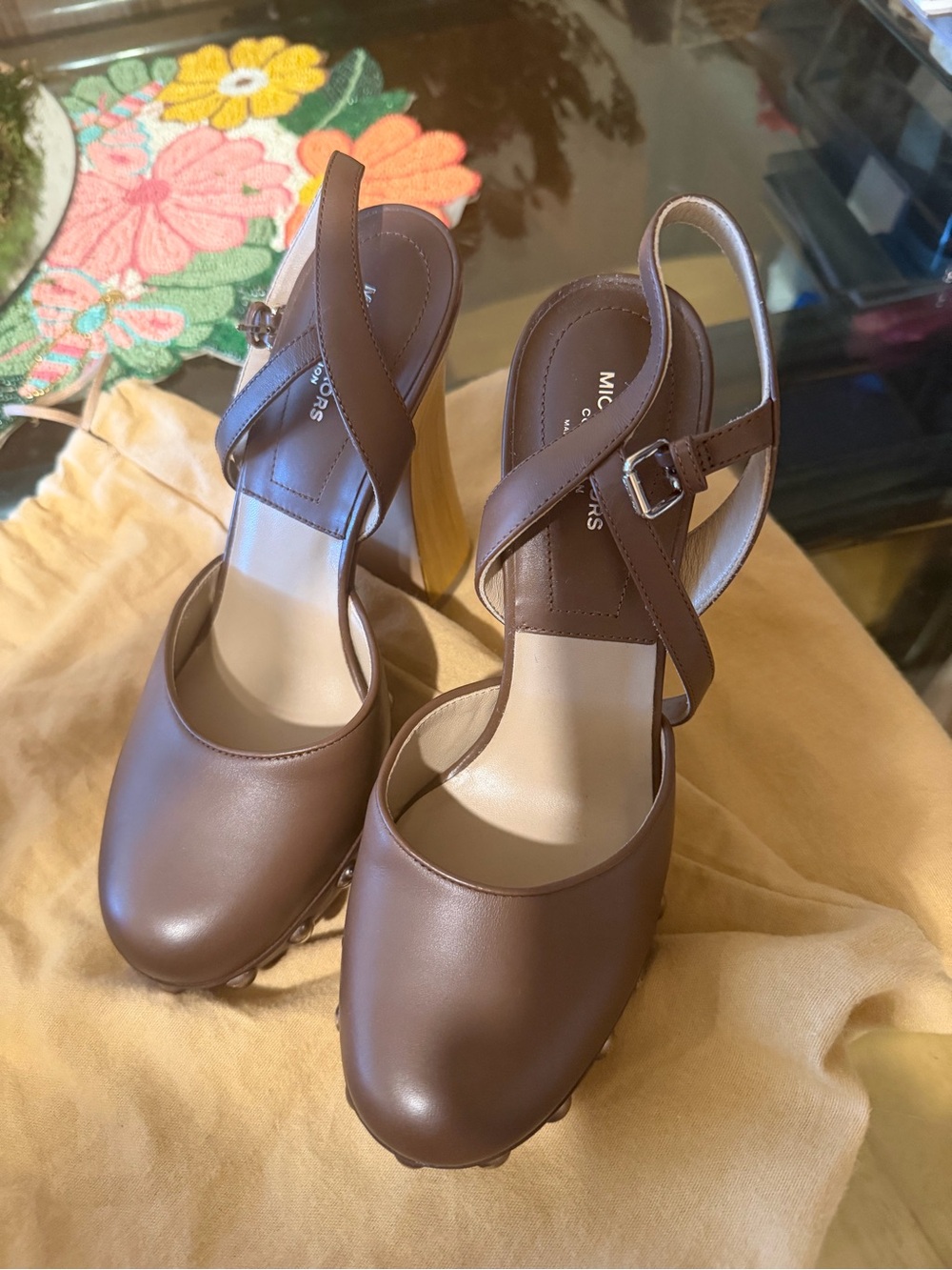 Michael Kors Brown Leather Crisscross Strap Block Heel Pumps